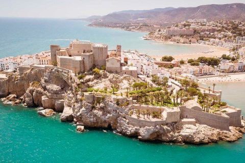 Aerial view of Peniscola castle from the sea